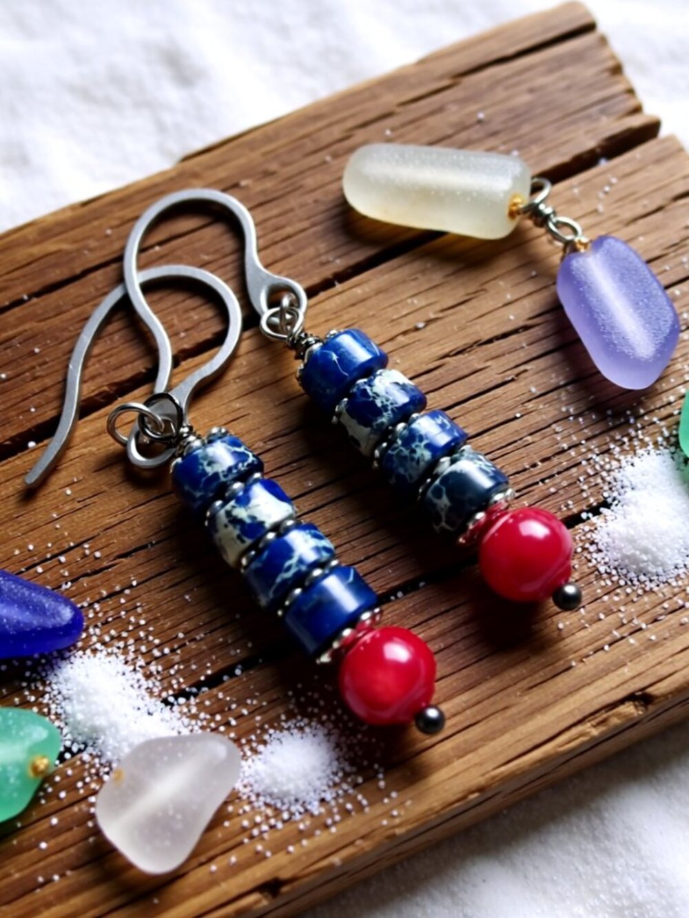 Handmade! Genuine Red Coral & Blue Sea Sediment Jasper Dangle Earrings
